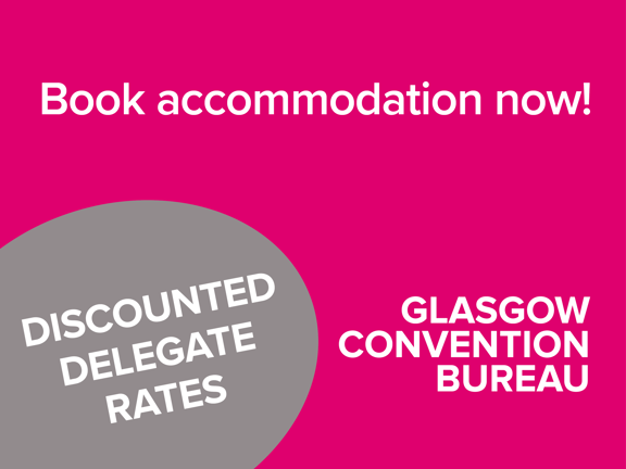 Button reading Book accommodation now, discounted delegate rates, Glasgow Convention Bureau