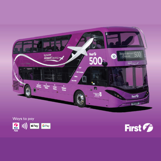 Airport Express flyer front page with purple bus