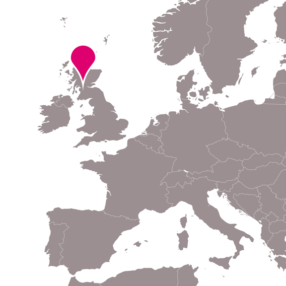Map of Europe with a pink pin pointing to Glasgow