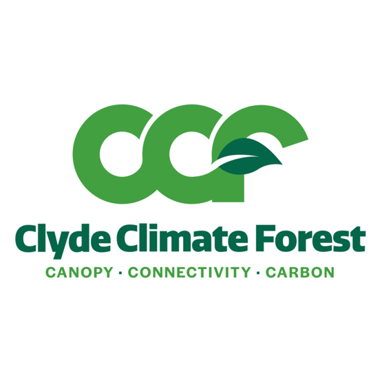 Green logo reading Clyde Climate Forest - Canopy, connectivity, carbon
