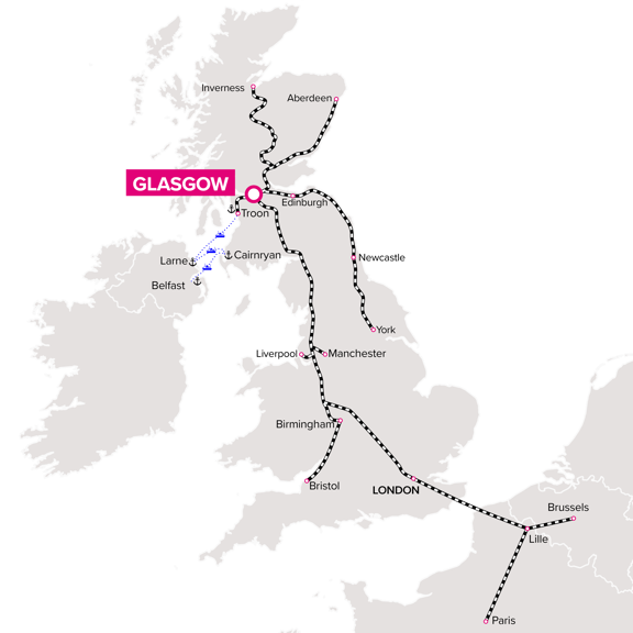 UK map with rail and ferry connections between Glasgow and major cities
