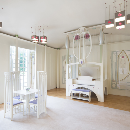View of the Music Room in the House for an Art Lover, with art-nouveau chairs, chandeliers and piano, with Charles Rennie Mackintosh motifs